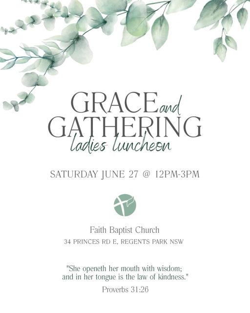 A beautiful afternoon of fellowship, encouragement and Christ-centred conversation.  Join us for our Grace & Gathering Ladies Luncheon as we come together to connect, grow in faith and enjoy fellowship with one another.  “She openeth her mouth with wisdom; and in her tongue is the law of kindness.” Proverbs 31:26  📍 Faith Baptist Church Sydney
🗓 Saturday June 27
⏰ 12PM–3PM  Register today https://faithbaptistchurch.elvanto.com.au/form/  #faithbaptistsydney 
#church 
#graceandgathering 
#faith